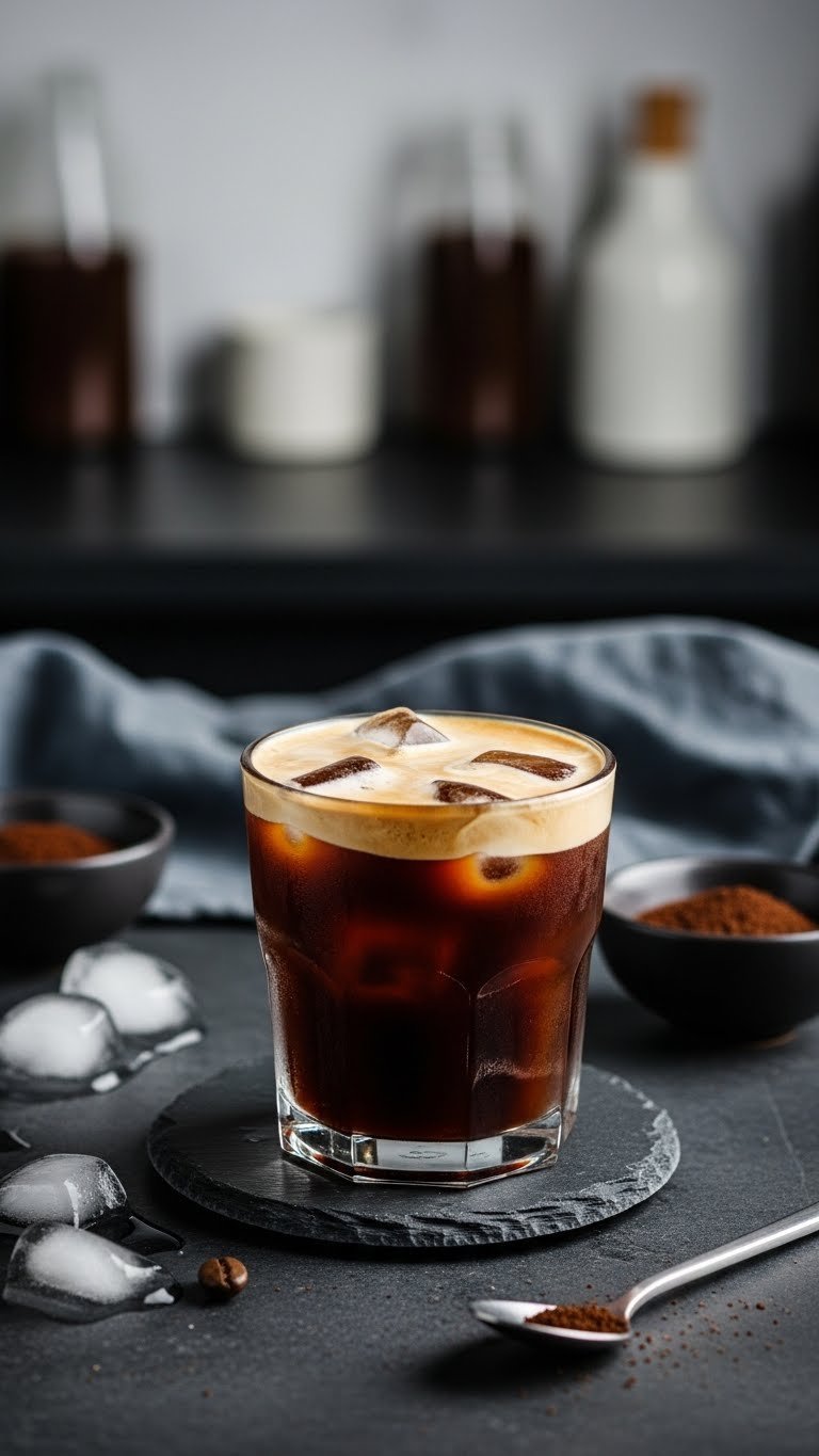 Sleek glass of keto cold brew coffee with frothy heavy cream layer and ice cubes on dark slate coaster in chic setting