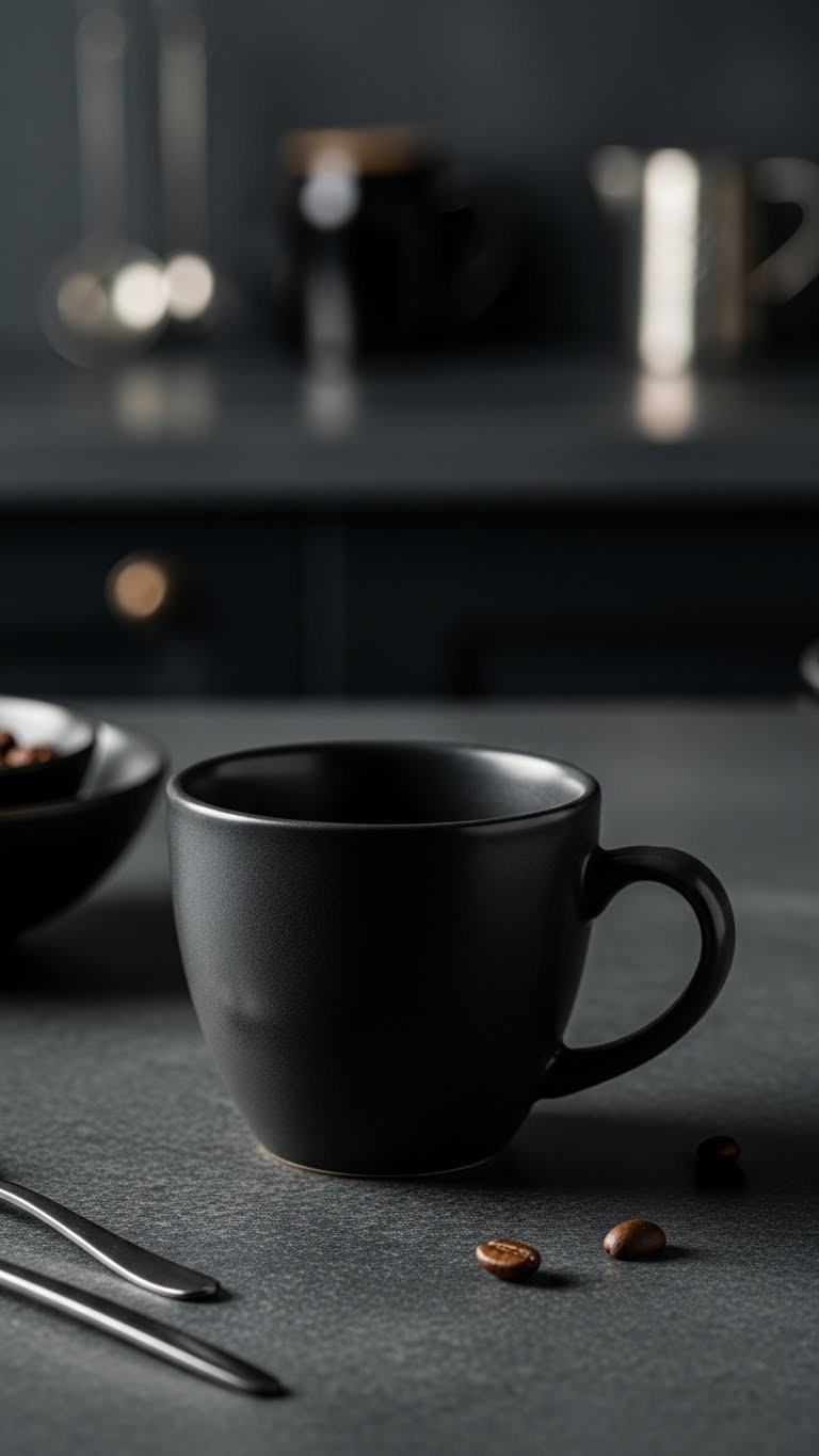 Sleek matte black ceramic coffee cup on textured stone surface with dramatic side lighting