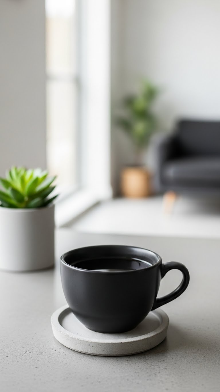 Sleek matte black ceramic coffee cup with dark coffee on concrete coaster with succulent plant