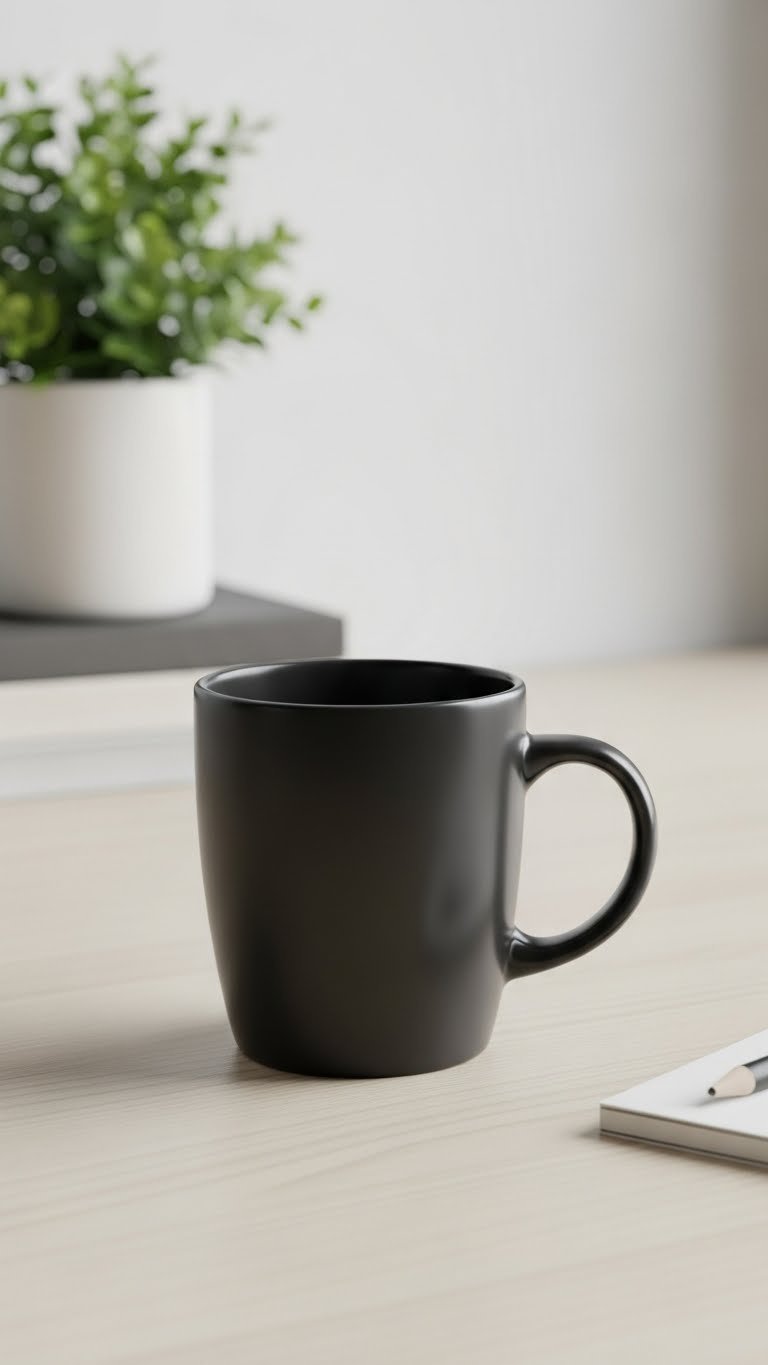 Sleek matte black modern ceramic coffee mug on minimalist light wooden table in clean contemporary workspace.
