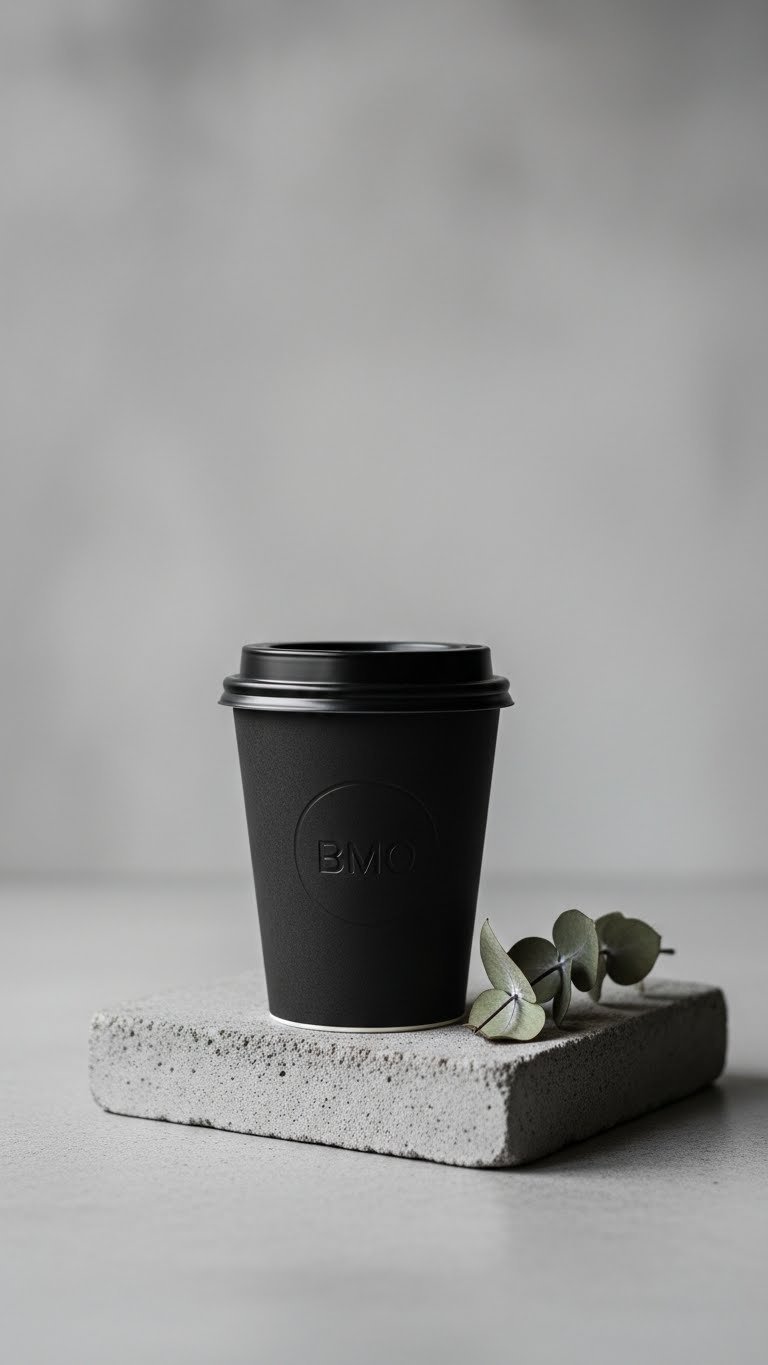 Sleek matte black takeaway coffee cup on rough concrete with dried eucalyptus leaf in soft natural lighting