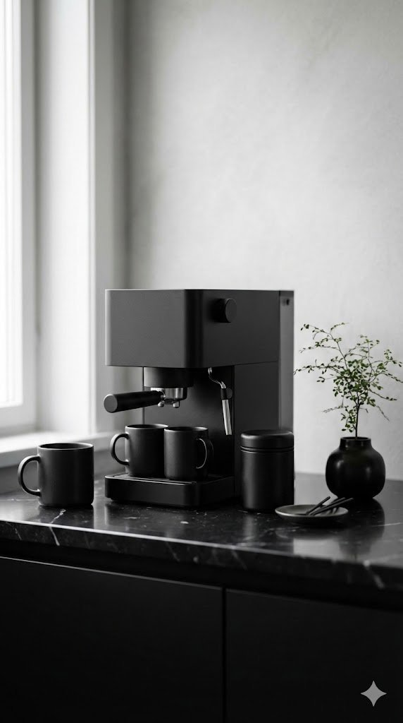 Sleek minimalist black coffee station with matte black espresso machine and black ceramic mugs on polished marble countertop