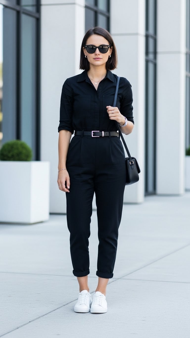 Sleek minimalist black jumpsuit outfit with white sneakers against modern architectural background