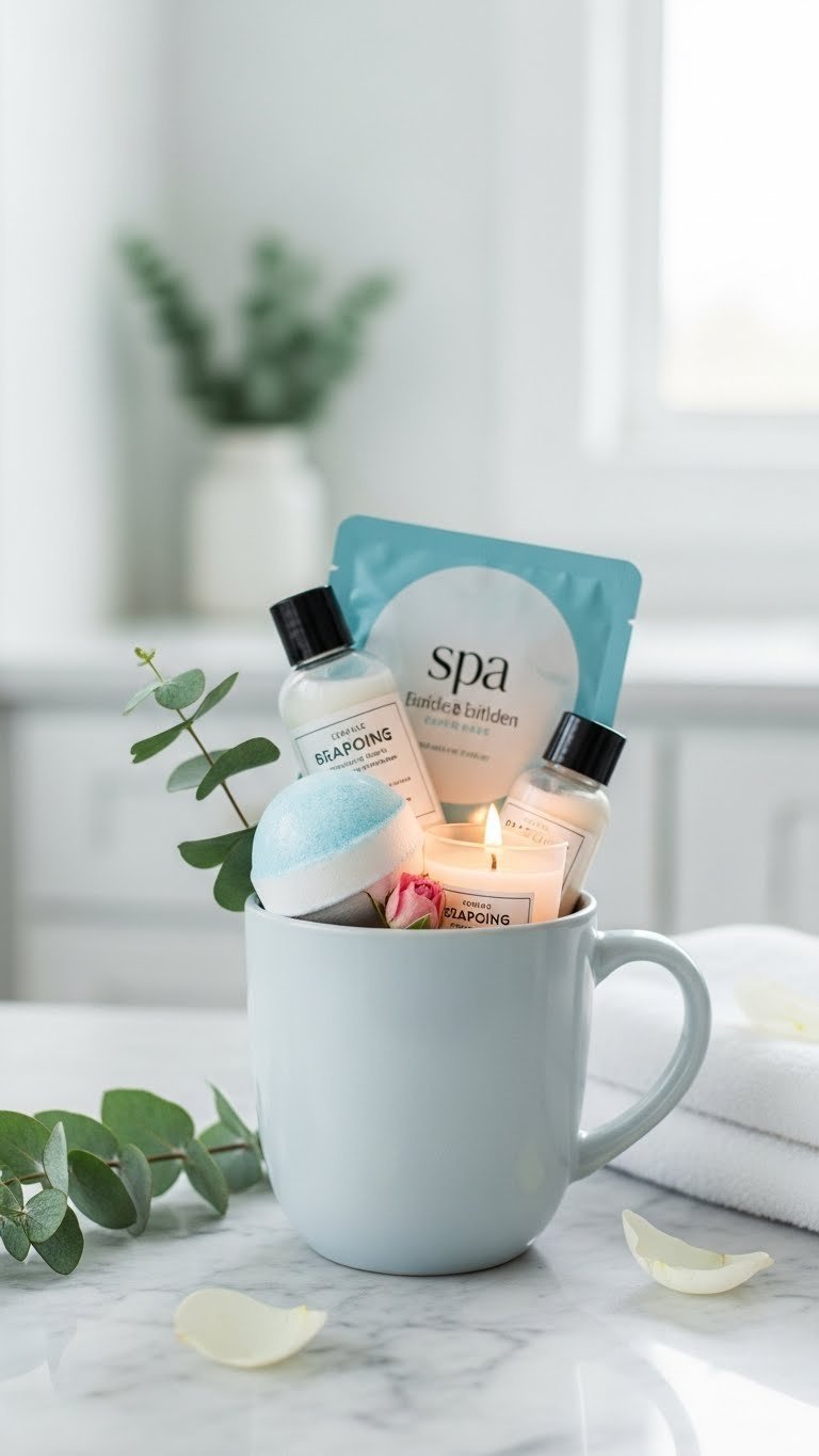 Sleek minimalist ceramic mug containing spa items including bath bomb, scented candle, and facial mask on marble countertop with bright daylight
