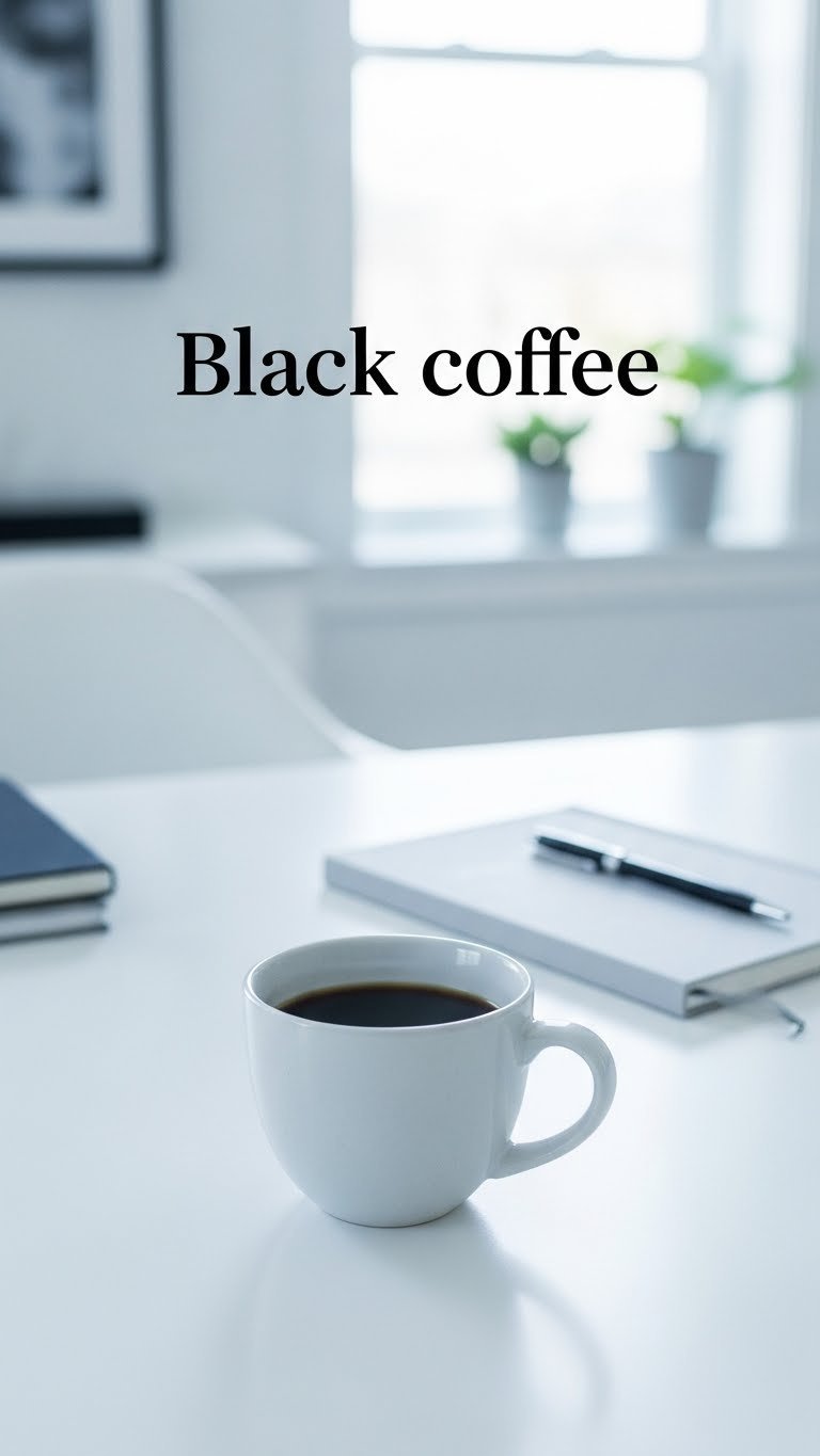 Sleek minimalist desk setup featuring black coffee in modern mug against softly blurred home office background