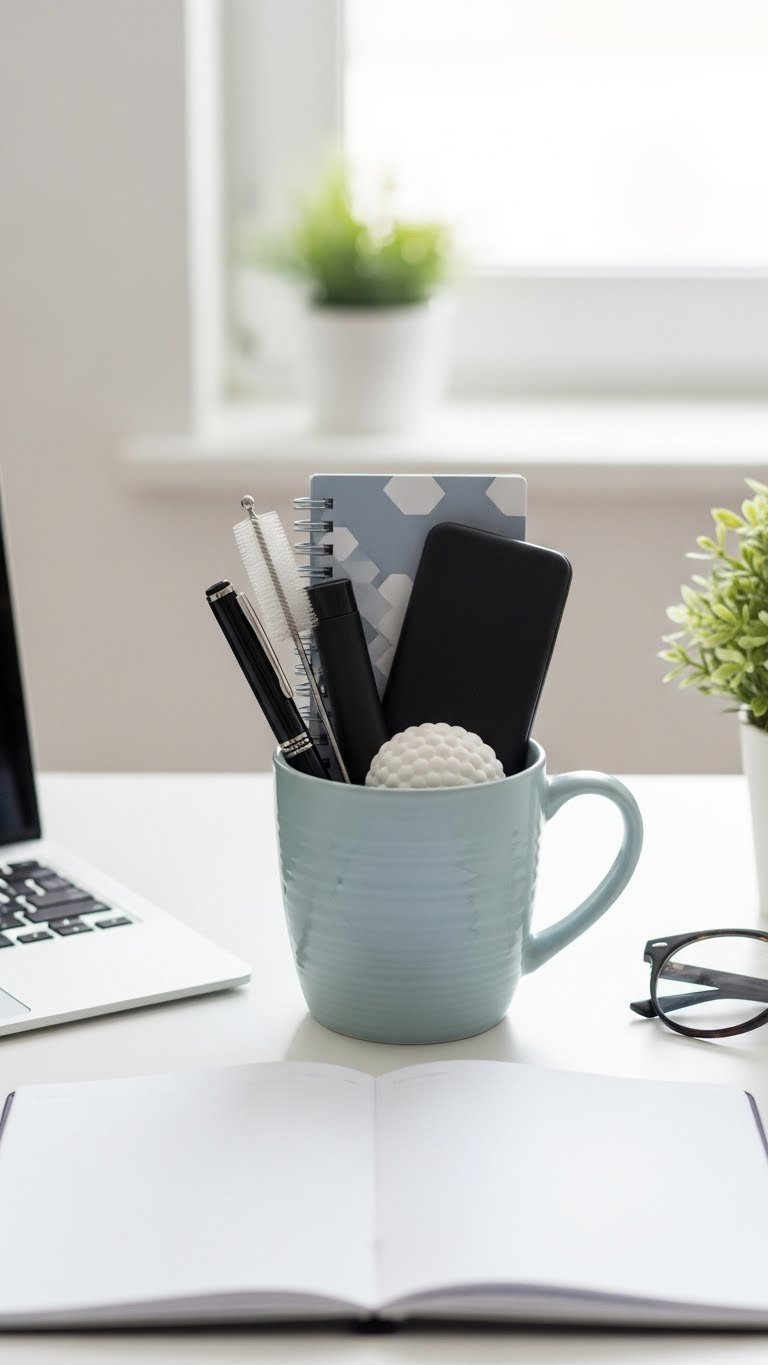 Sleek modern coffee mug filled with pen, tech cleaning kit, stress ball, and notebook arranged on minimalist desk surface.