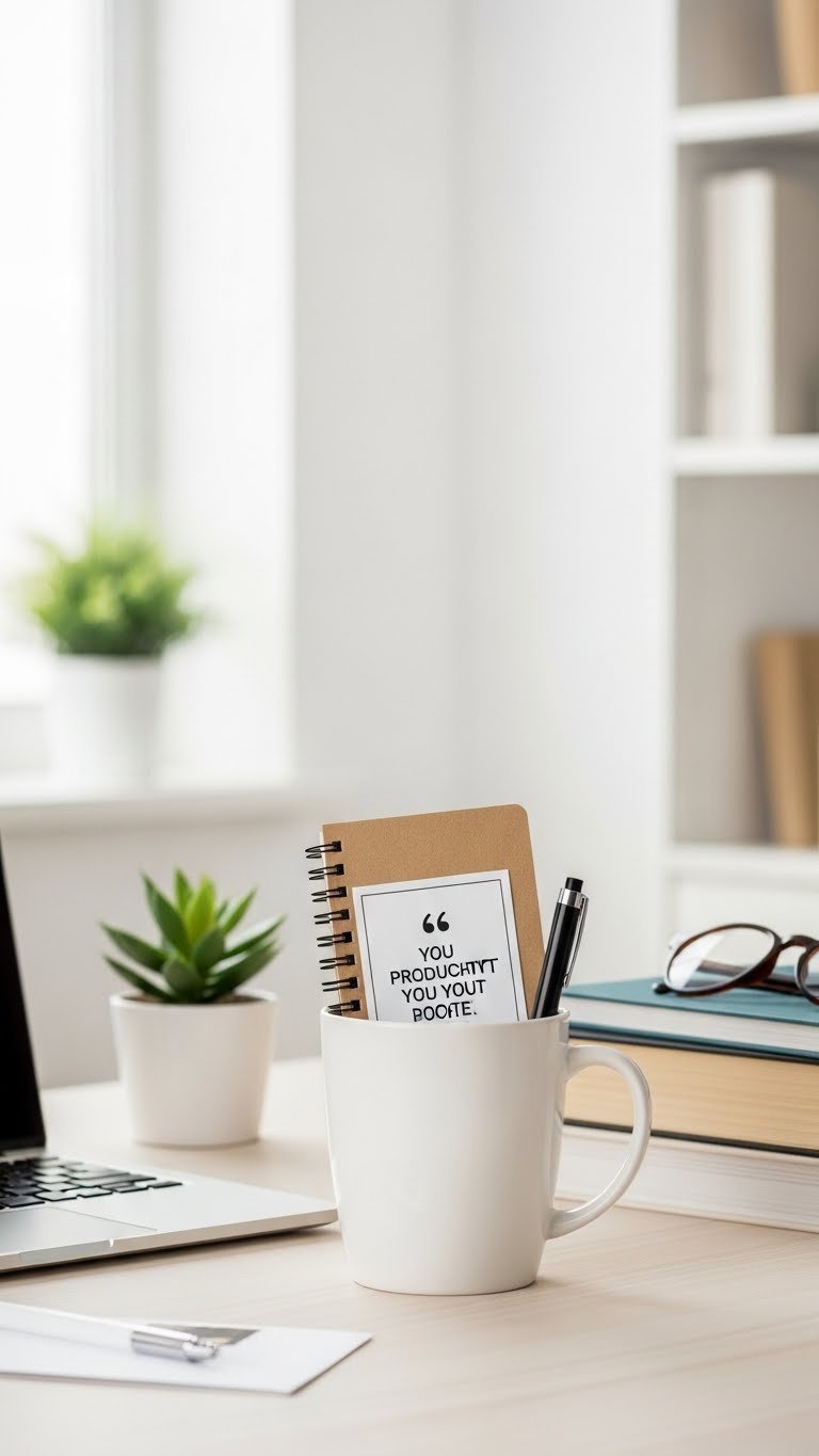 Sleek modern coffee mug holding minimalist notebook, rollerball pen, and motivational card on organized wooden desk productivity gift