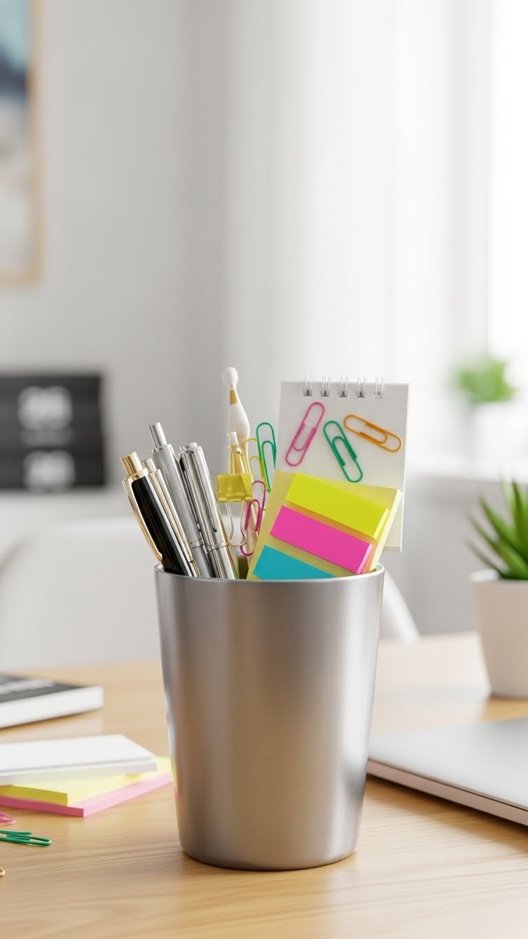 Sleek modern insulated coffee mug filled with luxury pens, decorative paper clips, sticky notes, and desk calendar on minimalist desk
