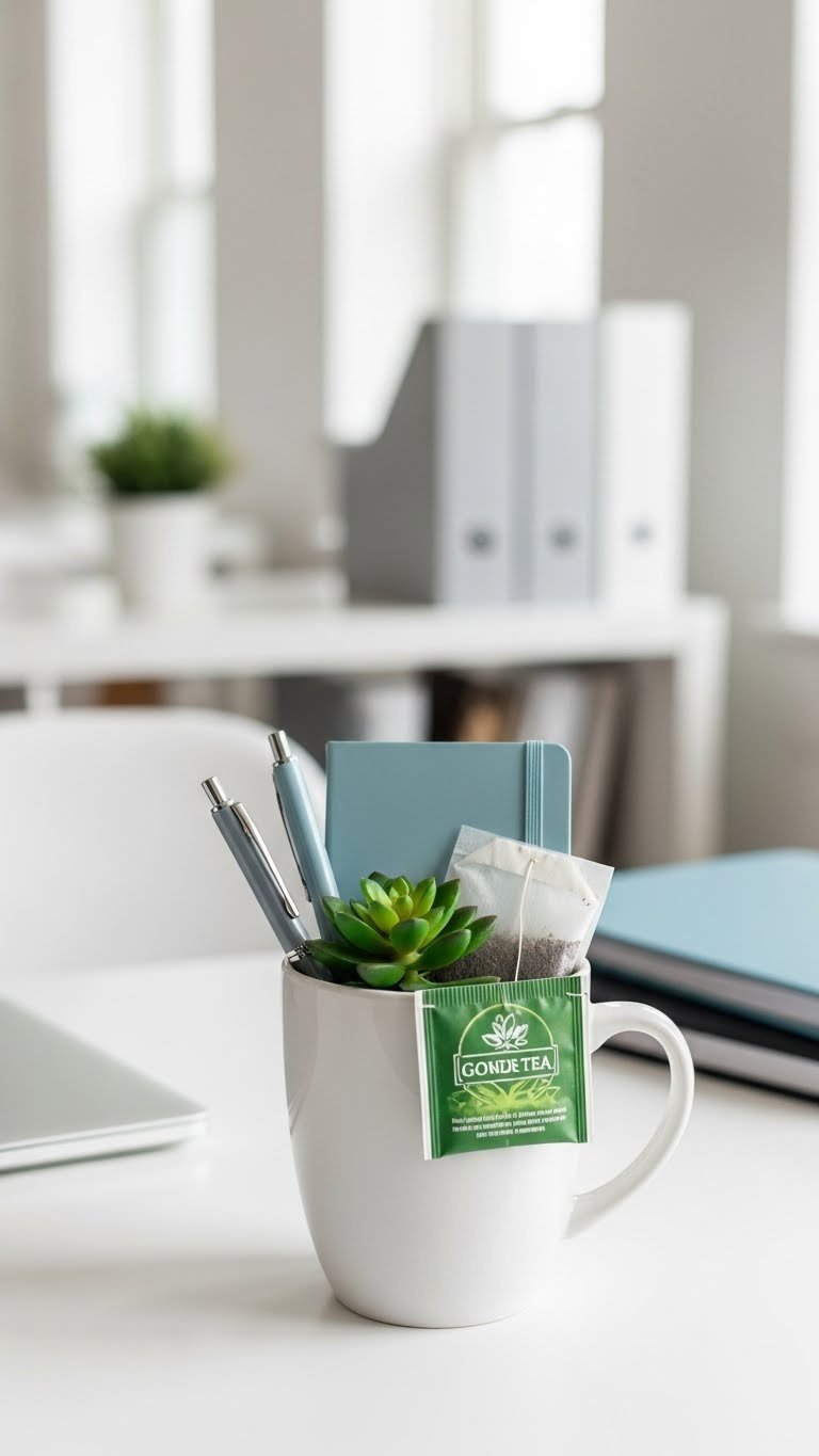 Sleek professional desk mug containing stylish pen, notebook, and succulent plant for office decor