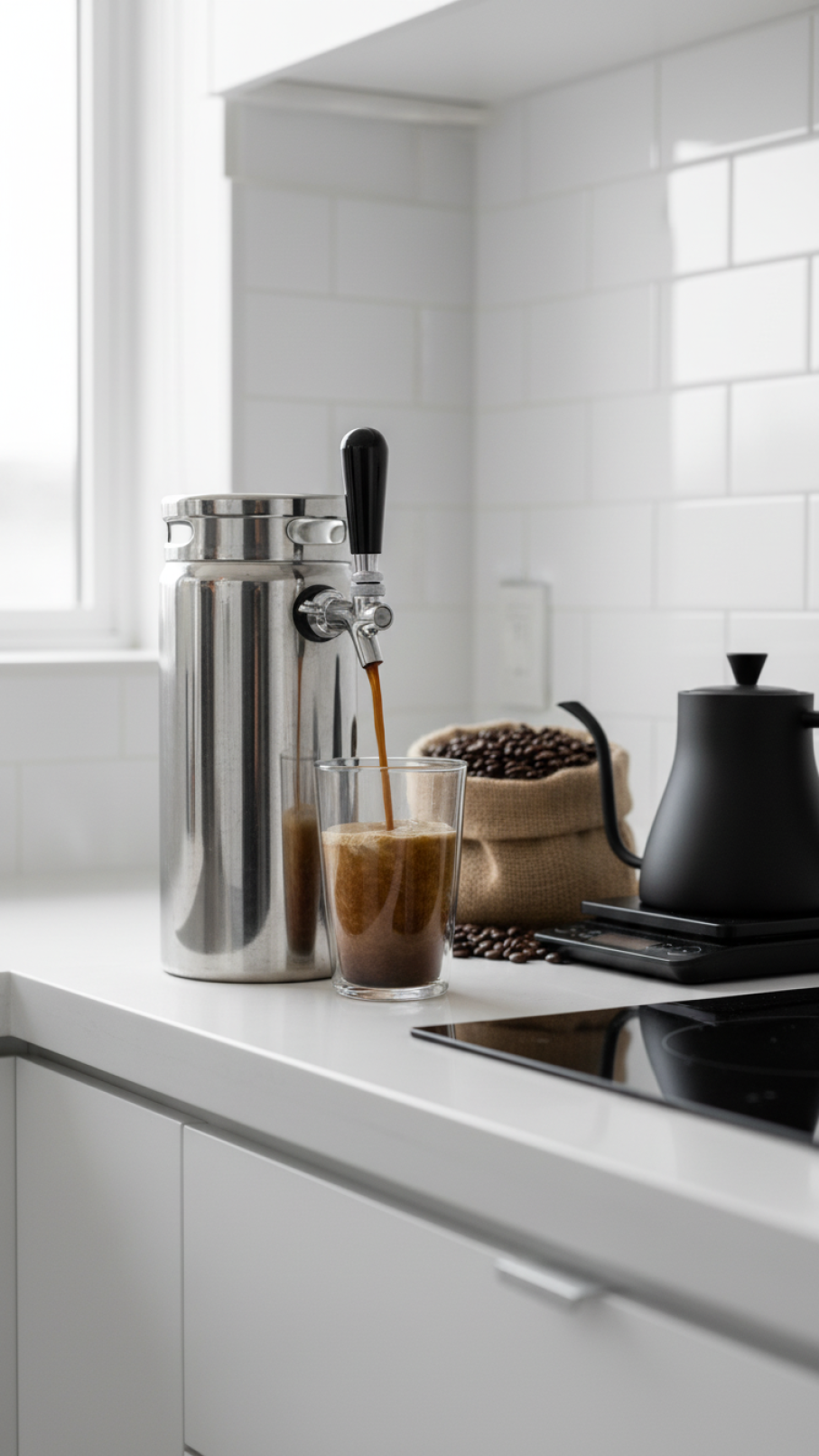 Sleek stainless steel mini-keg nitro cold brew system dispensing cascading coffee into glass on modern quartz countertop