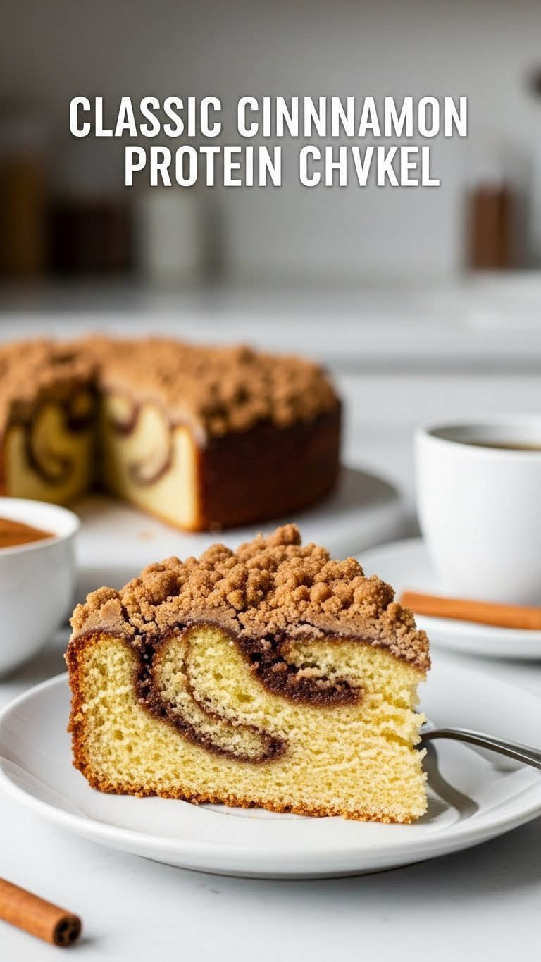 Slice of classic cinnamon swirl protein coffee cake with gooey swirl, golden crumble topping, on a plate with coffee. Cozy breakfast.