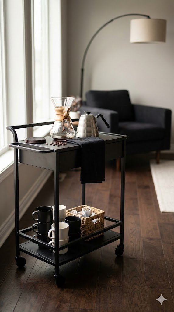Slim rolling black coffee cart with pour-over setup, black mugs, and coffee pods on dark hardwood floor in cozy natural light