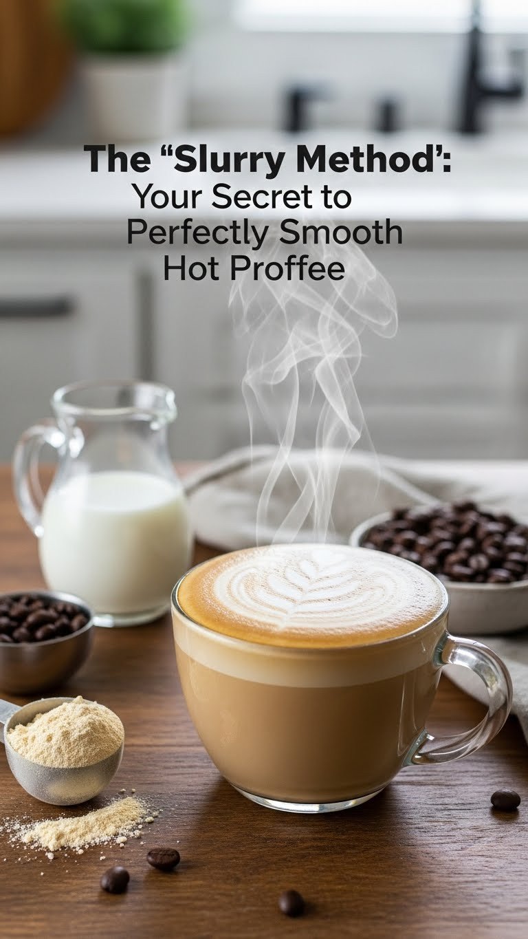 Slurry method smooth hot proffee in a mug on rustic wooden table