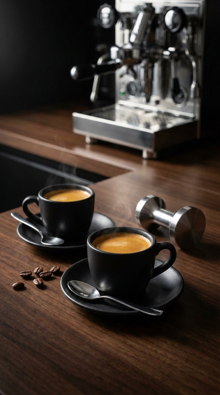 Small black espresso cup set with saucers and spoons on dark polished wood counter
