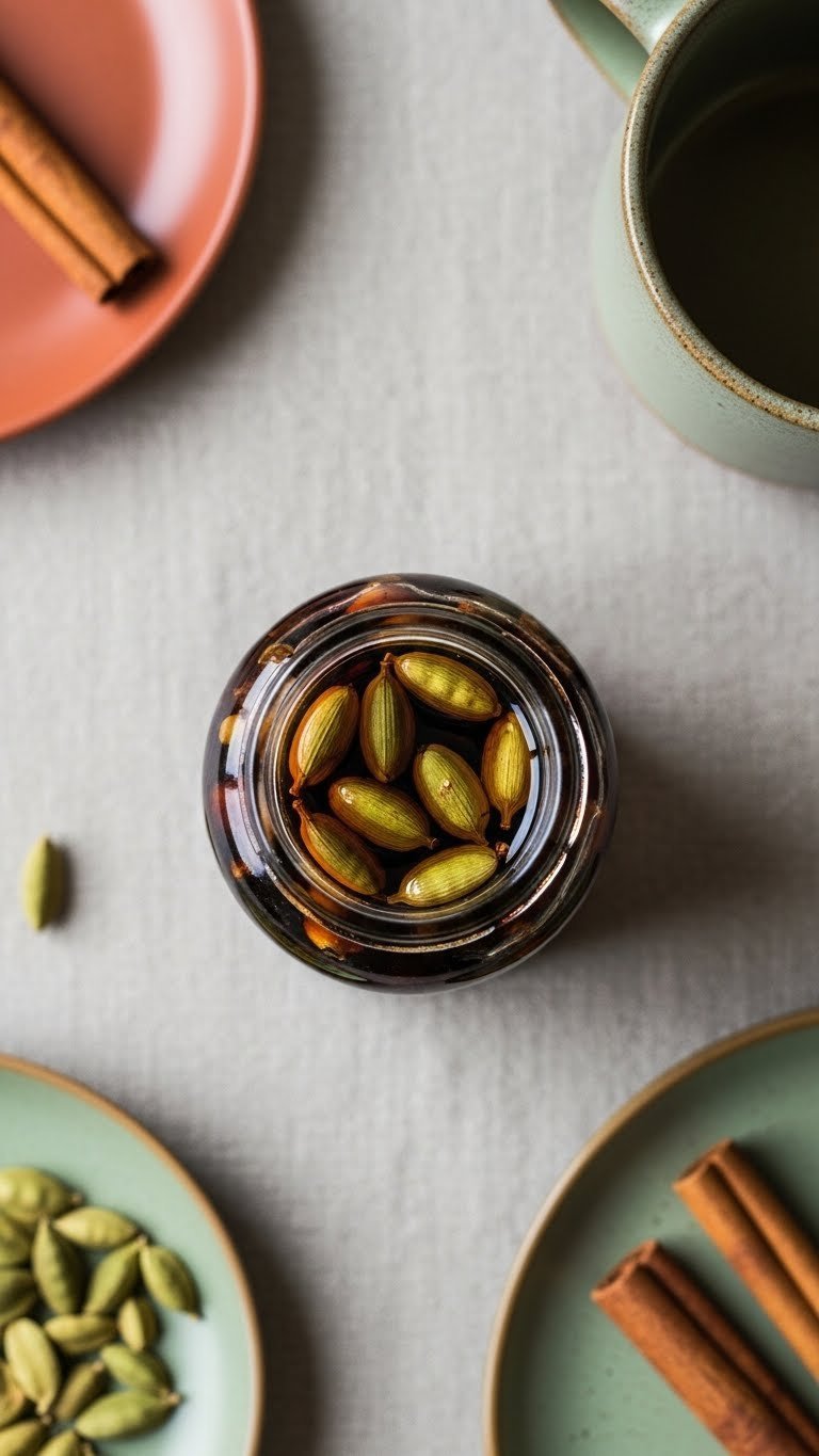 Small glass bottle of date syrup infused with whole cardamom pods on textured linen tablecloth with spices and coffee mug.