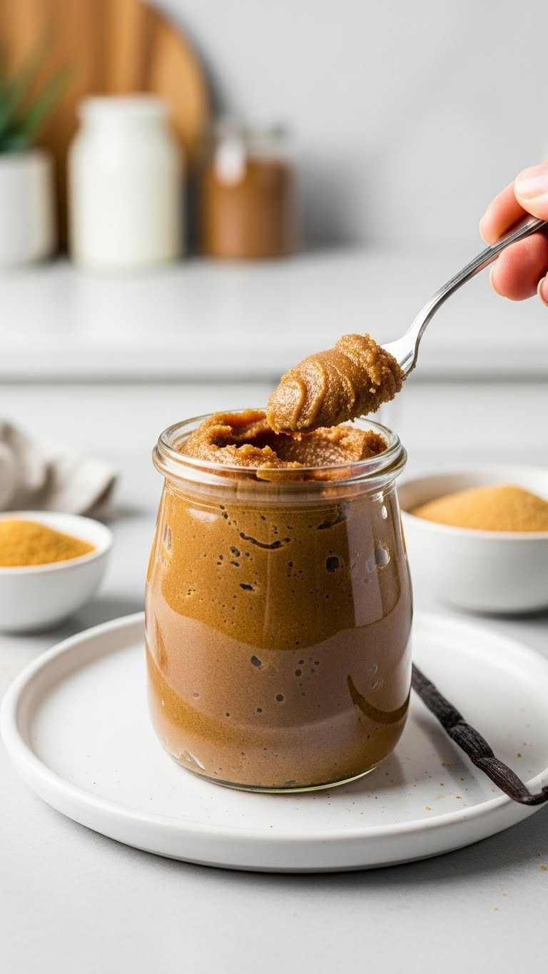 Small glass jar filled with thick caramel-colored keto brown sugar paste with spoon partially submerged