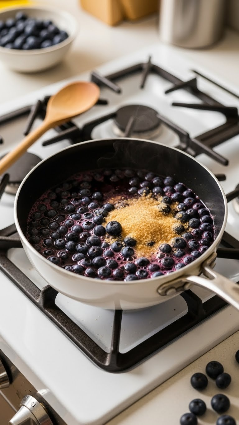 Small saucepan on stovetop simmering purple blueberries with sugar and water gently bursting and releasing color