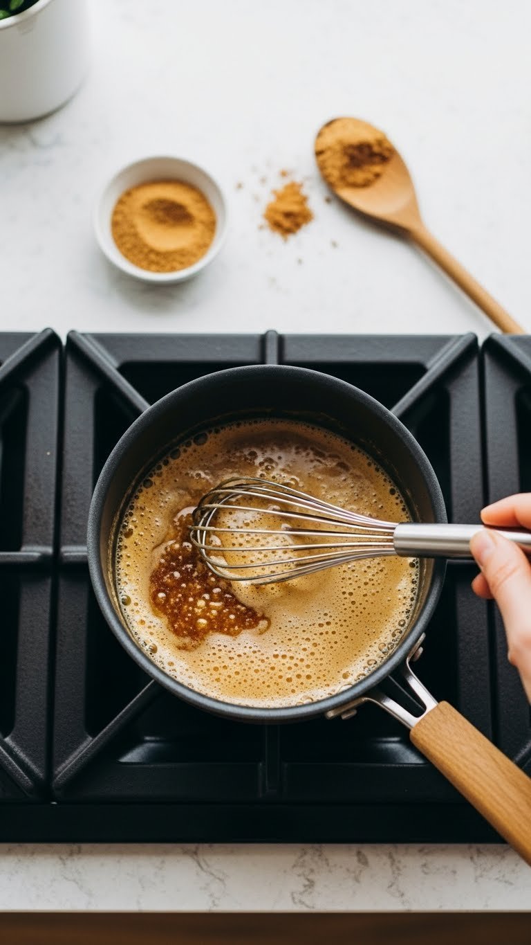 Small saucepan on stovetop with golden-brown frothy brown butter being stirred with whisk