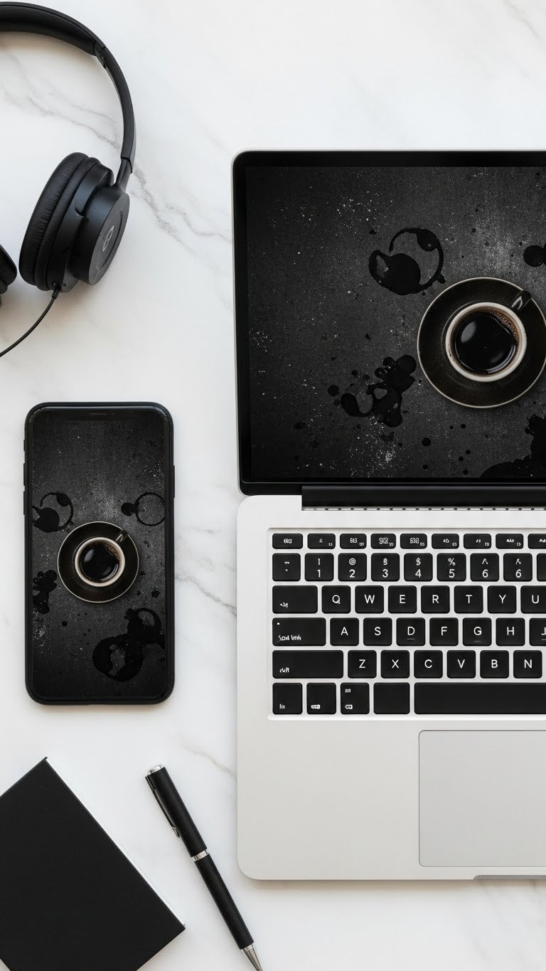 Smartphone and laptop displaying black coffee aesthetic grunge wallpaper with dark textures and coffee stains