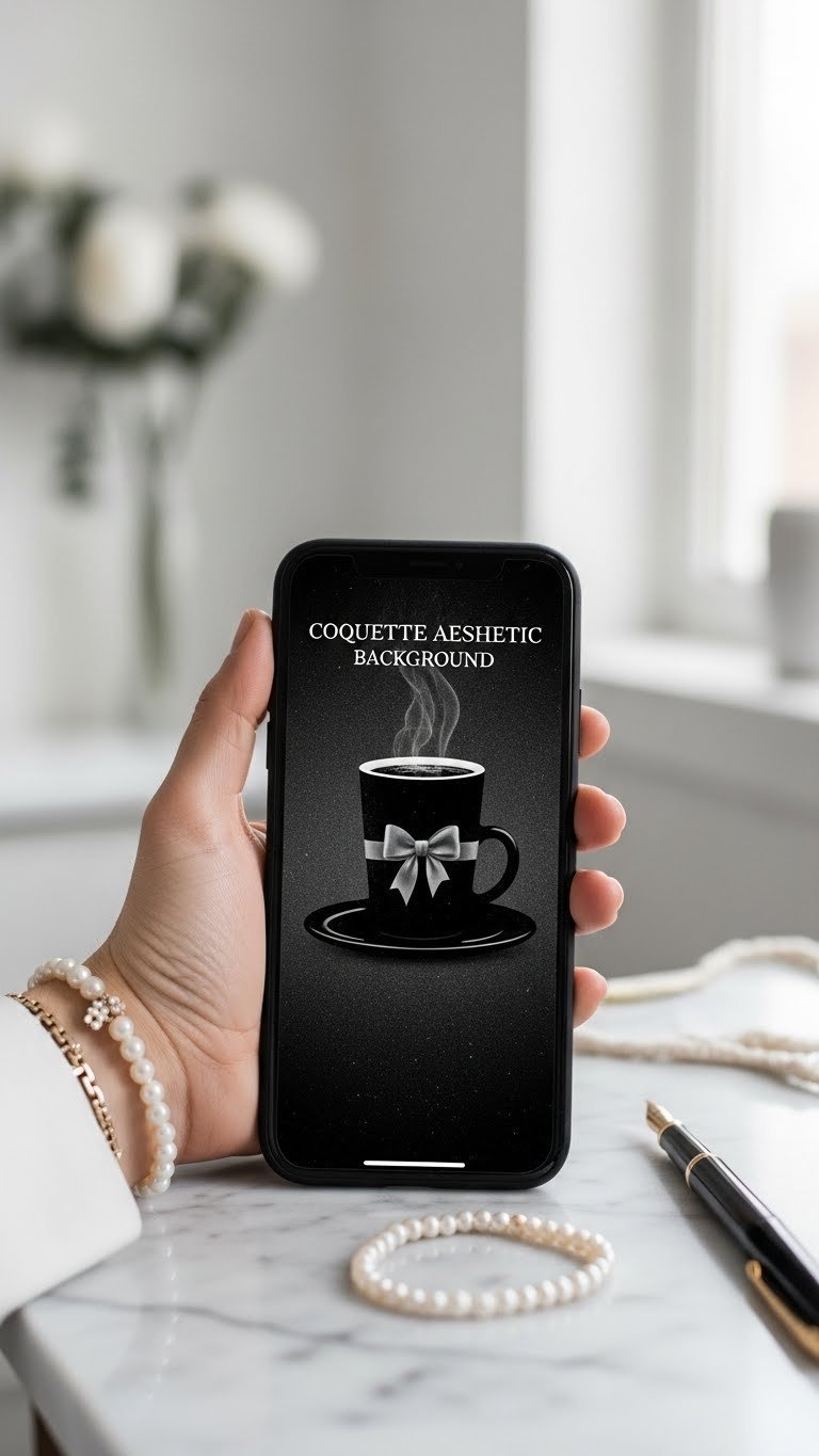 Smartphone displaying coquette wallpaper with vintage digital bow and coffee cup silhouette on marble countertop