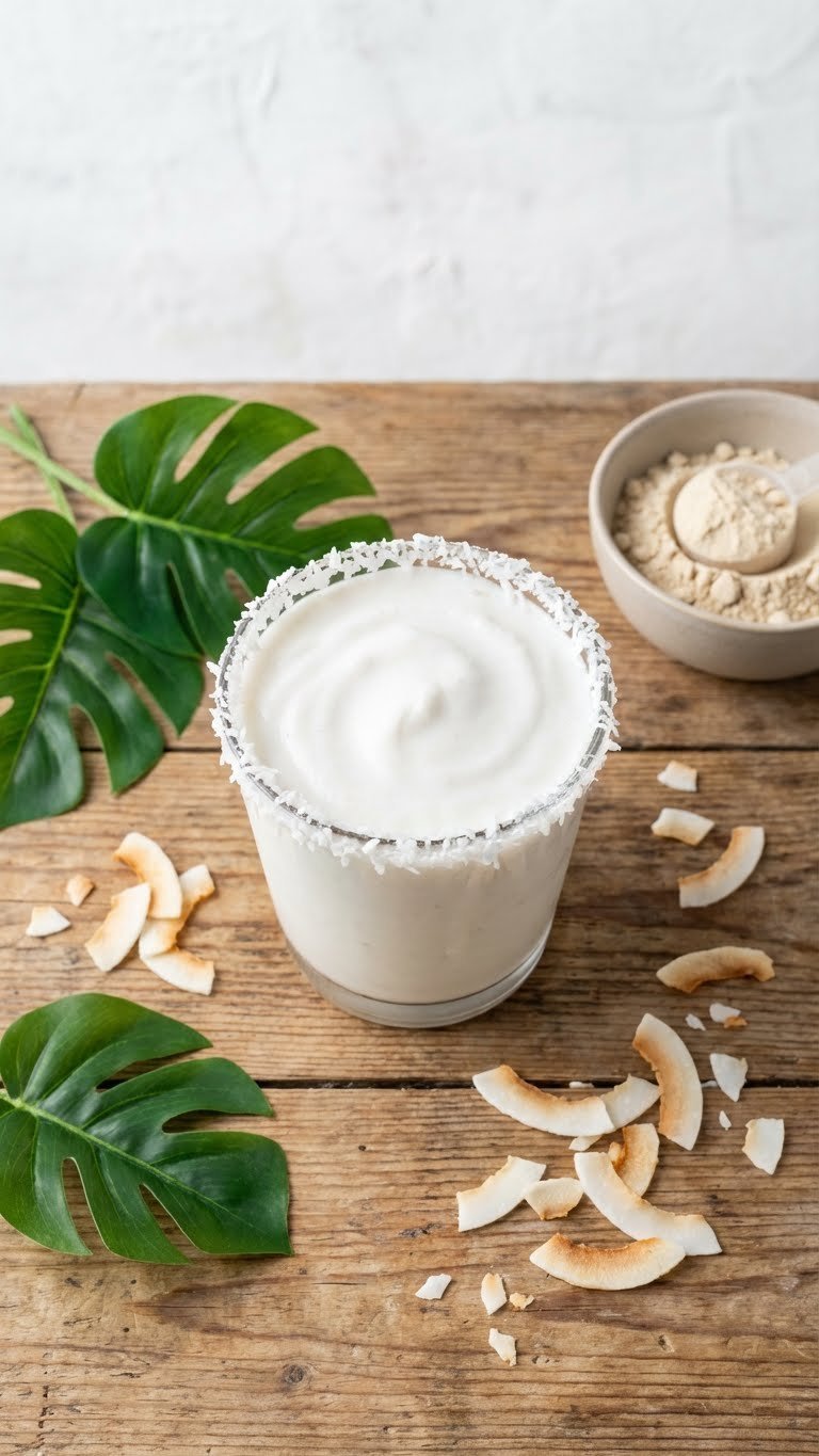 Smooth Vegan Creamy Coconut Protein Coffee in a glass with a shredded coconut rim, plant-based, healthy.