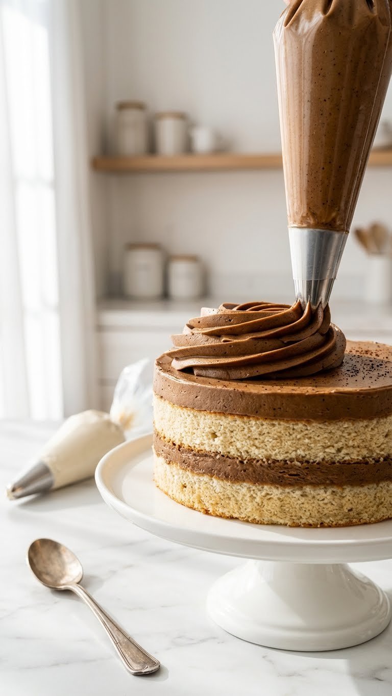 Whipped Coffee Frosting Recipe Easy Stable Fluffy Guide 3 Smooth coffee buttercream frosting piped from star tip onto vanilla layer cake on white marble countertop