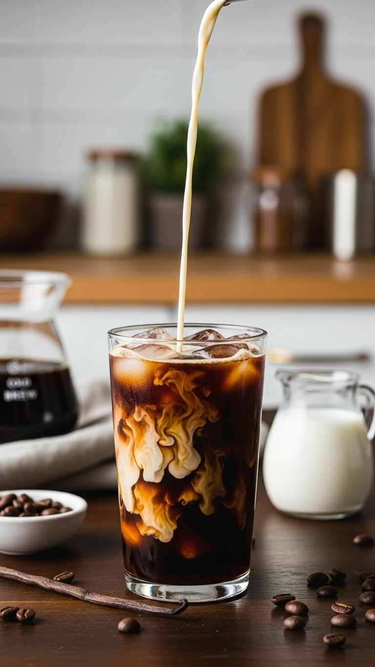 Smooth iced vanilla coffee made with cold brew and dark coffee ice cubes in elegant glass on polished wood