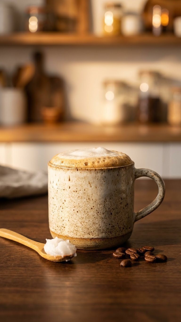 Protein Coffee Creamer: Essential Guide to Healthy & Delicious Coffee 5 Smooth keto protein coffee creamer in a rustic ceramic mug on a dark wooden table with coconut oil and coffee beans nearby.