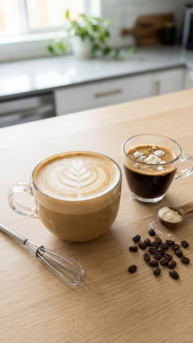 Protein Coffee Creamer: Essential Guide to Healthy & Delicious Coffee 9 Smooth protein coffee with latte art in a glass mug, contrasted with a clumpy cup, on a minimalist table with a whisk.