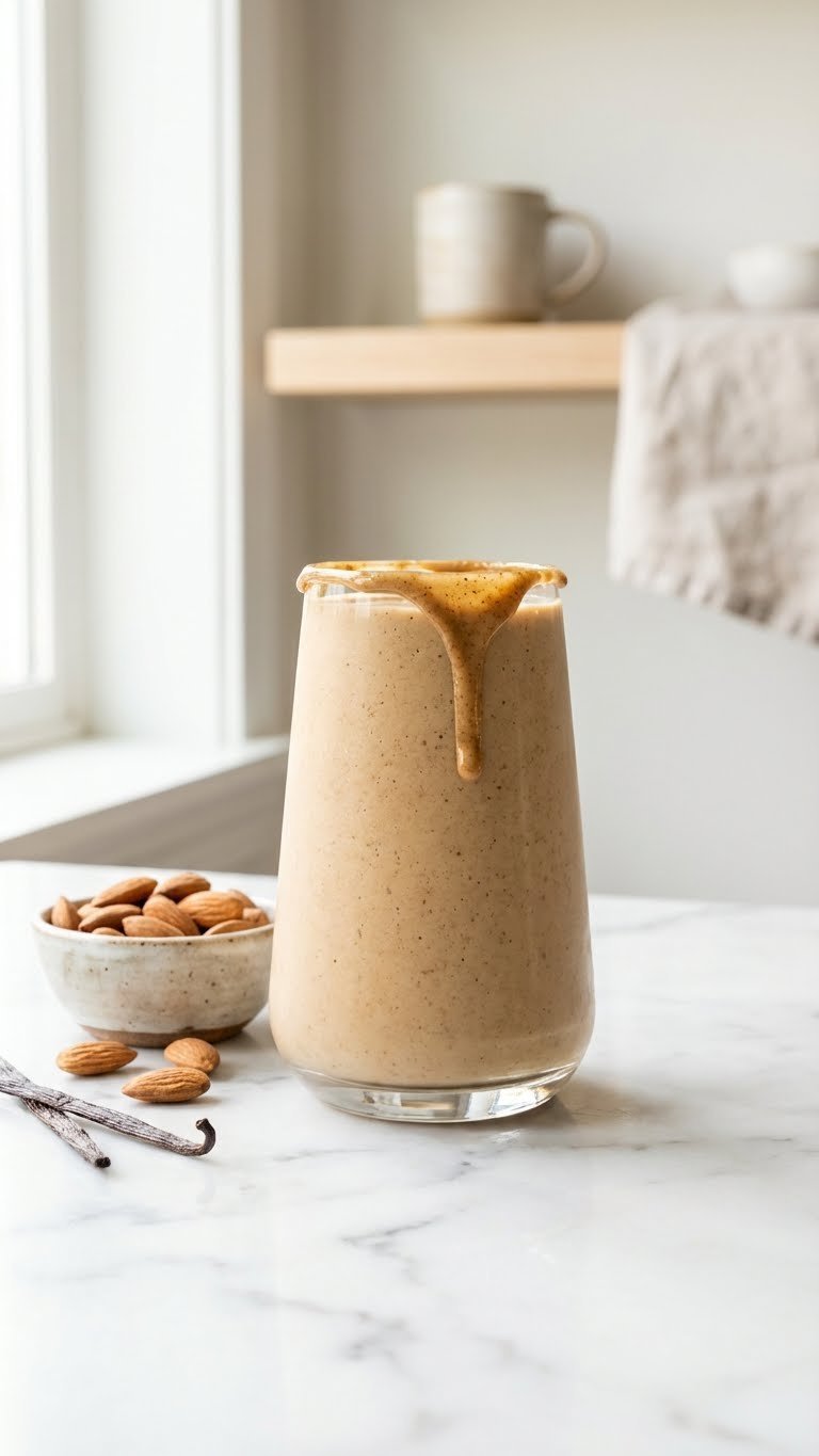 Protein Coffee Smoothie: Delicious Energy & Muscle Boost 3 Smooth vanilla almond butter protein coffee smoothie with an almond drizzle on a light marble countertop in a minimalist room.