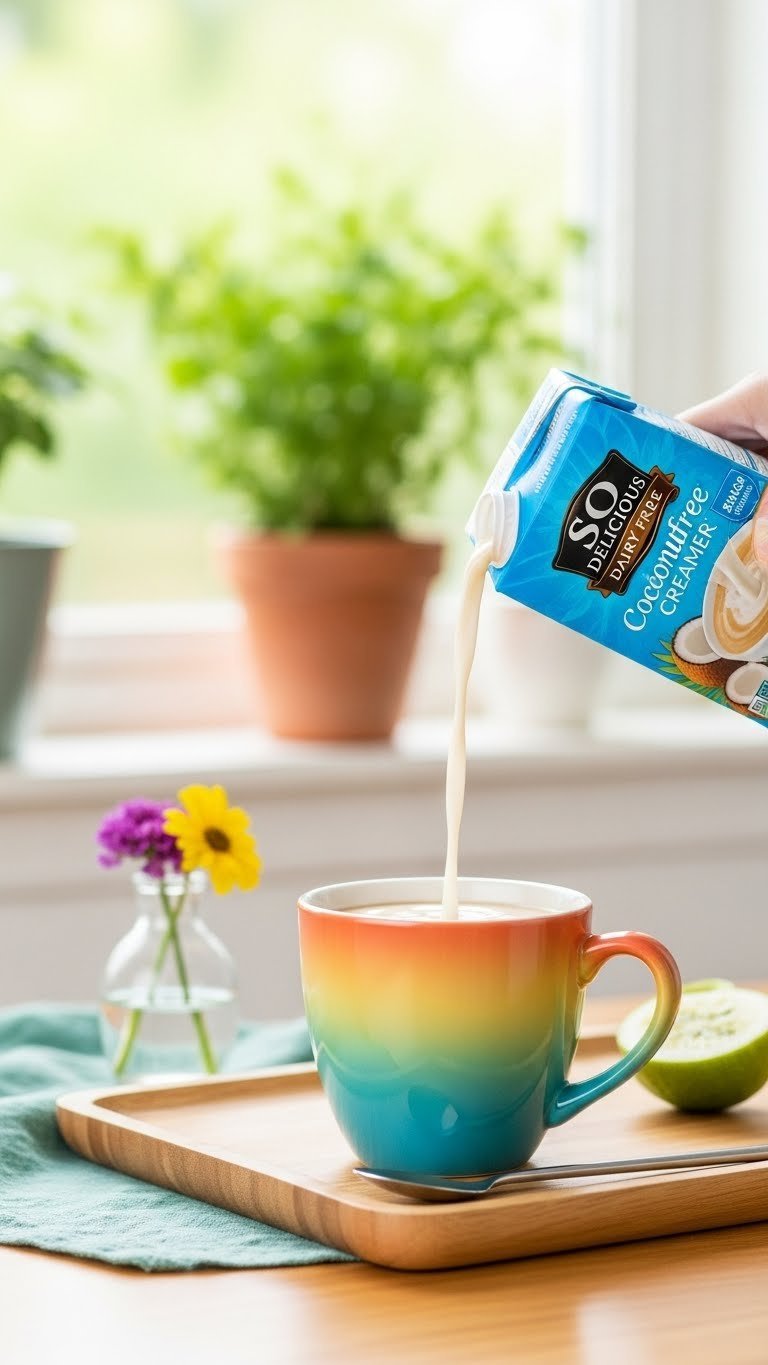 So Delicious coconut milk creamer pouring into colorful ceramic mug on sunny breakfast tray