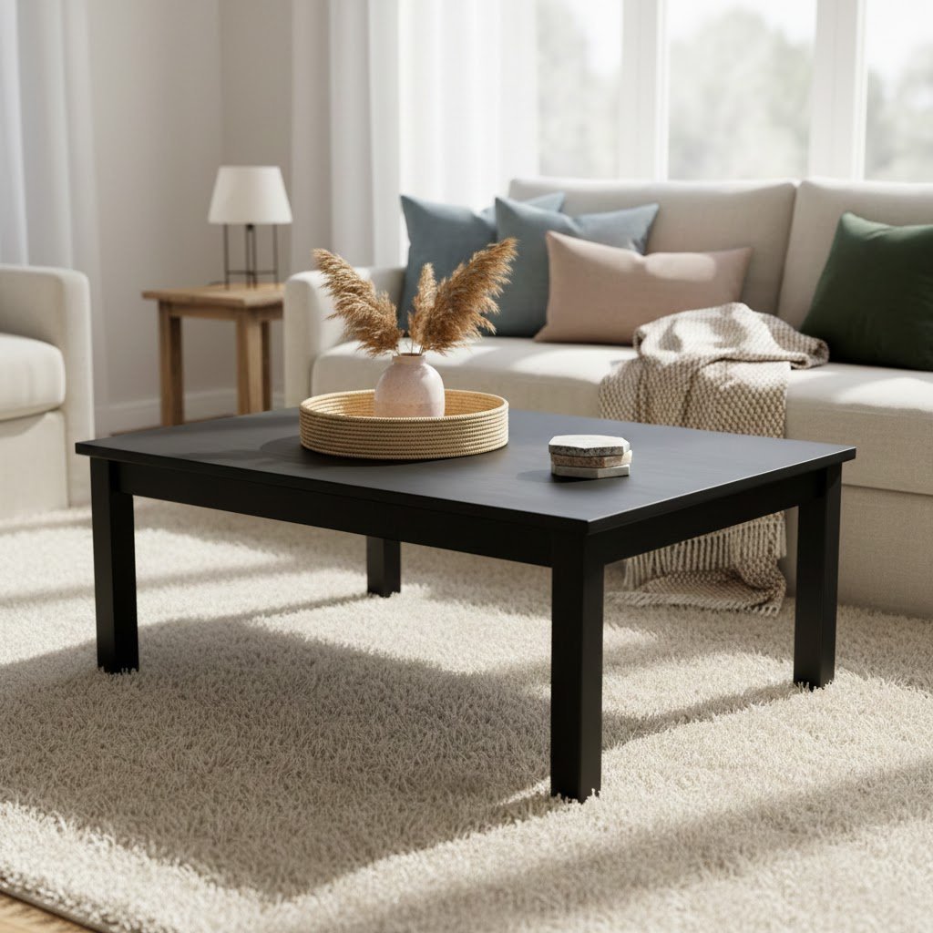 Soft inviting living room with black coffee table layered with woven tray and pampas grass on plush rug