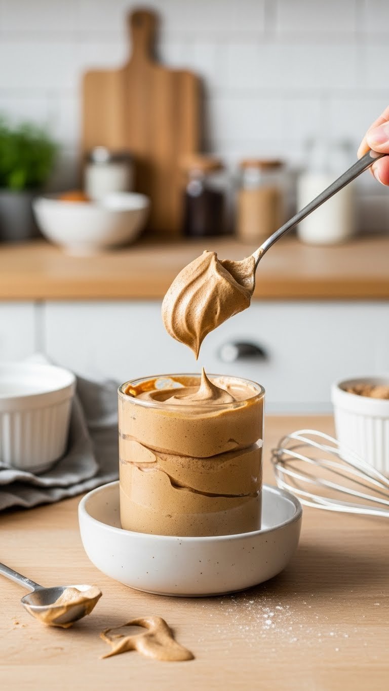 Soft keto coffee mousse in ceramic bowl showing kitchen troubleshooting moment with whisk nearby