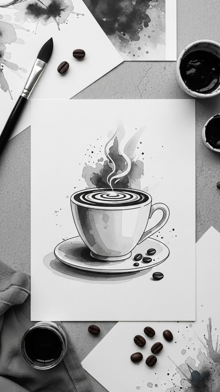 Soft watercolor coffee illustration with translucent layers on textured paper