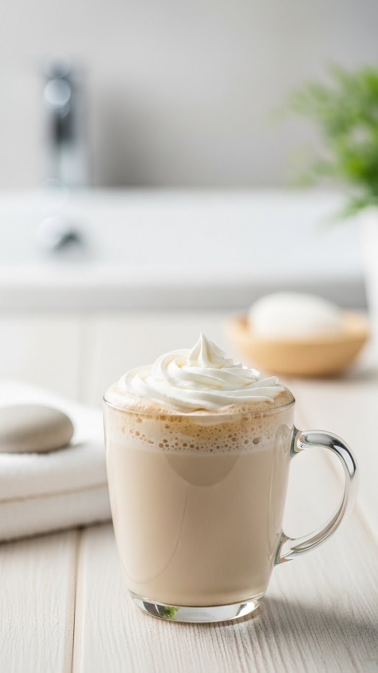 Soothing post-workout protein whipped coffee with light foam over warm milk in a mug, on a wooden surface in a spa setting.