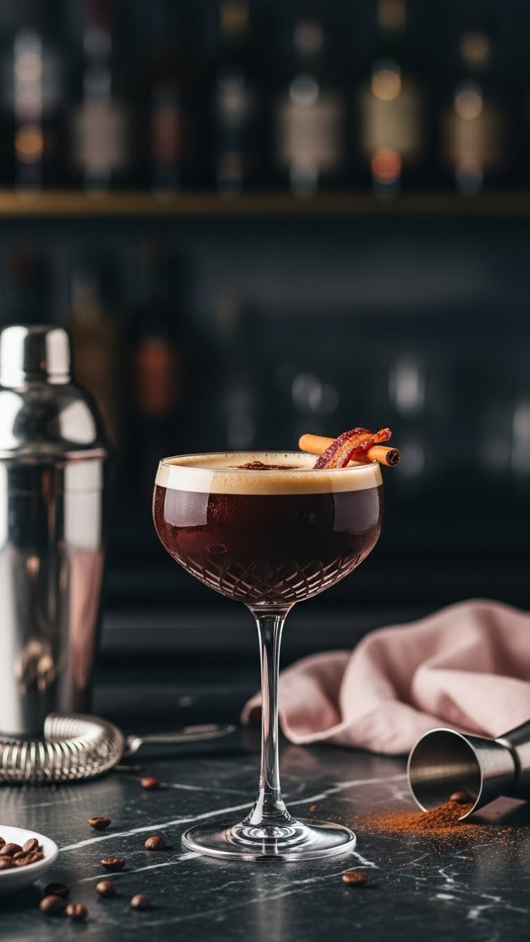 Sophisticated Spiked French Toast Coffee Cocktail in elegant glass with candied bacon garnish on dark marble bar