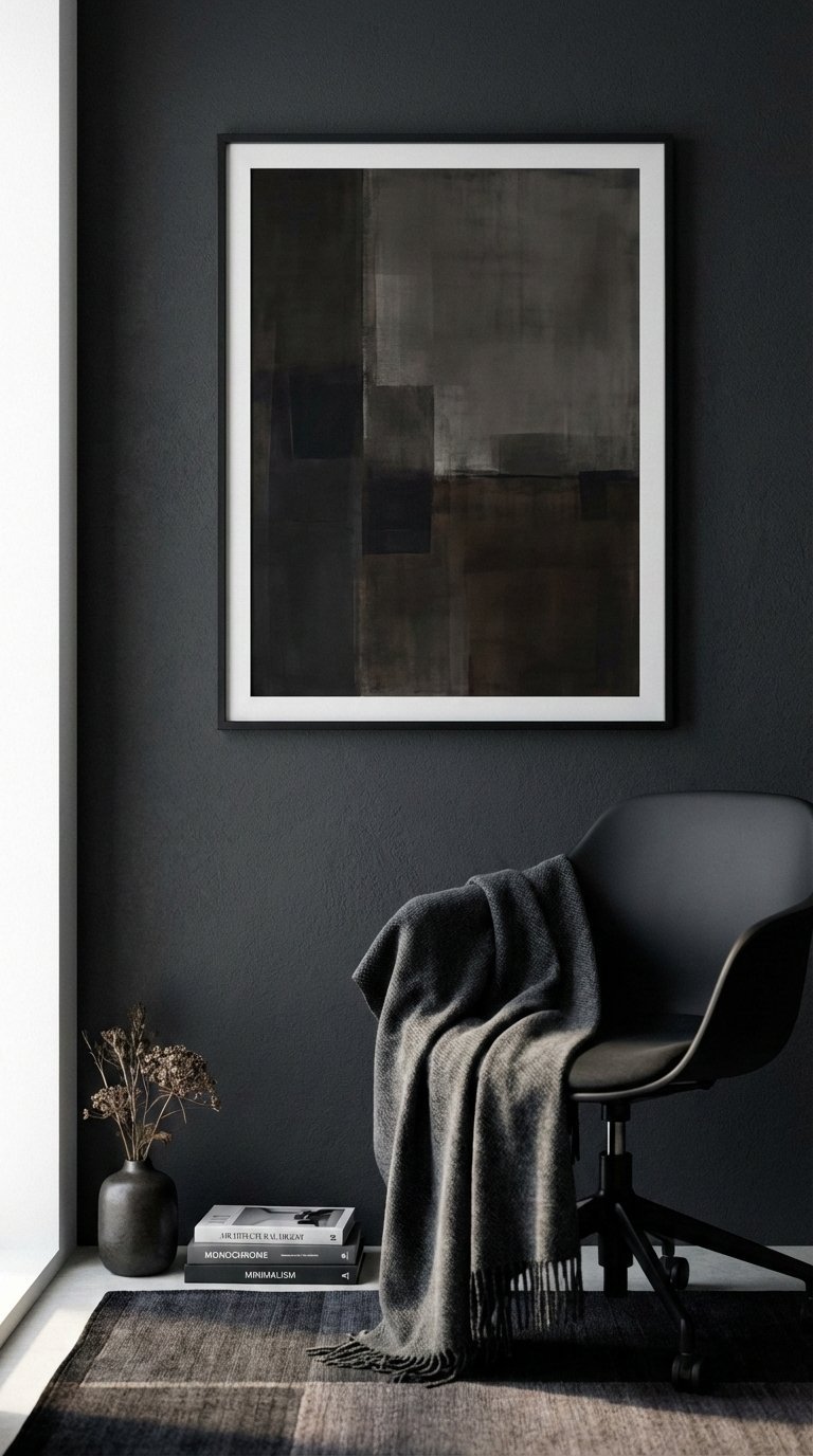 Sophisticated black coffee office with minimalist abstract art, dark ergonomic chair, and textured throw blanket.