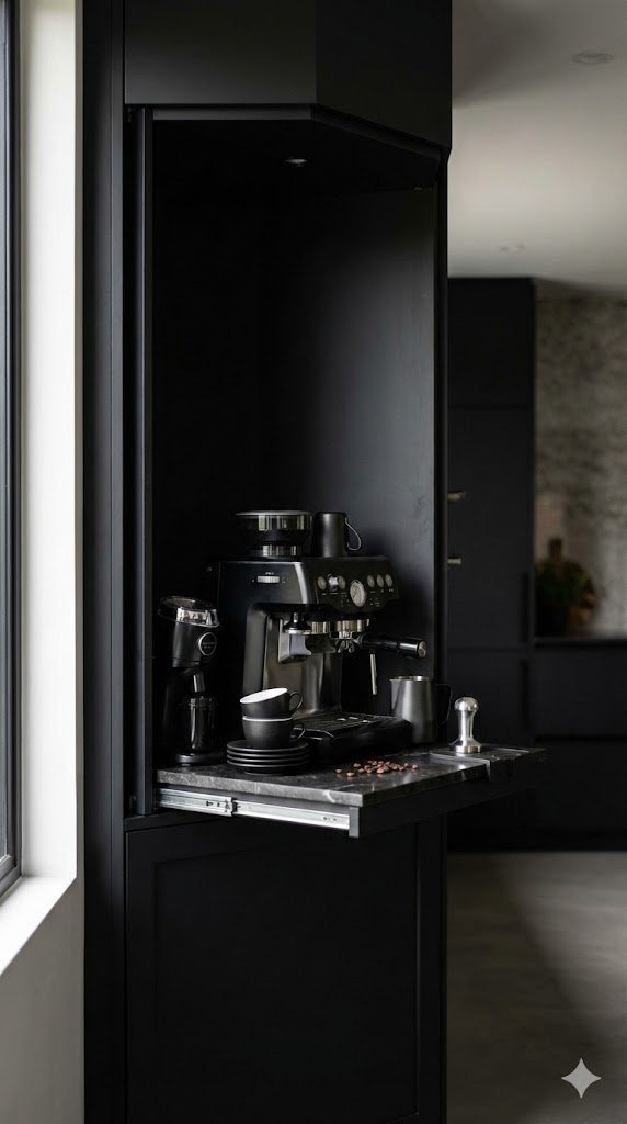 Sophisticated black corner cabinet espresso station with integrated machine, grinder, and demitasse cups on pull-out tray