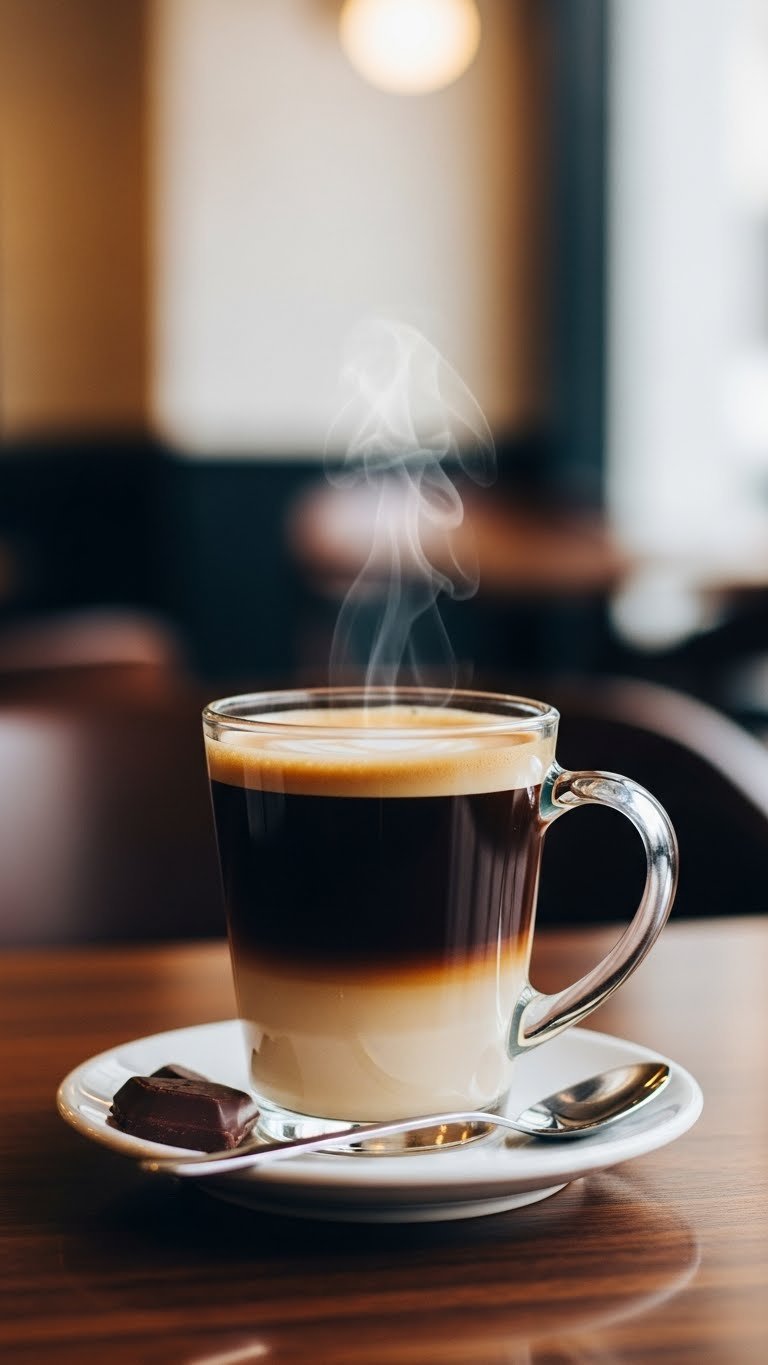 Sophisticated clear glass mug of keto americano showcasing distinct espresso layers and thin crema with gentle steam