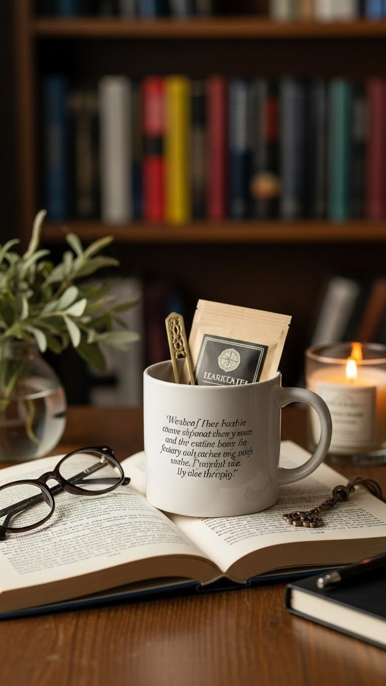 Sophisticated coffee mug with paperback book, reading glasses, and metal bookmark on open book