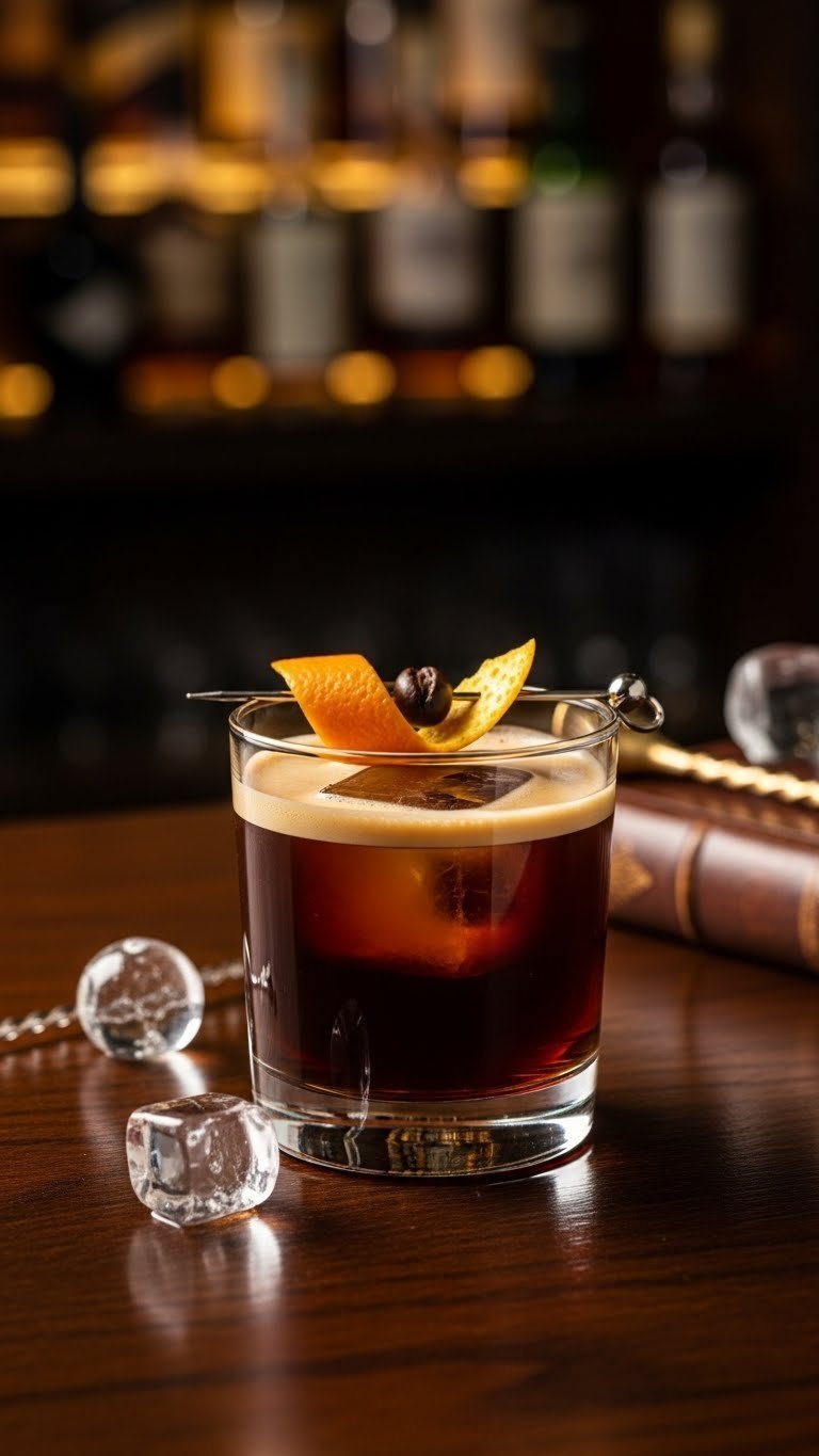 Rich Maple Syrup Coffee: 7 Recipes for Cafe Taste 11 Sophisticated maple bourbon coffee in clear glass with orange peel garnish on dark polished bar top