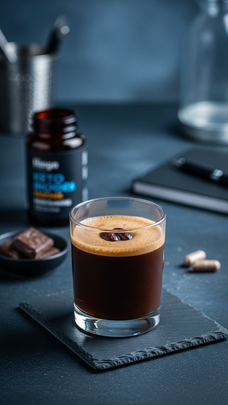 Sophisticated nootropic keto coffee protein smoothie in sleek glass with supplement capsule on dark stone surface