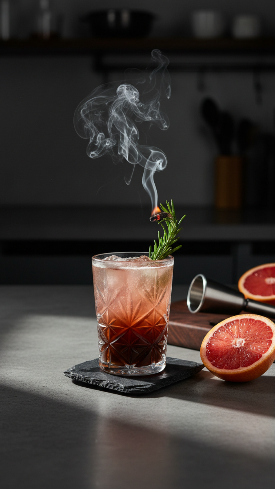 Sophisticated smoked grapefruit and rosemary espresso tonic with wisp of smoke from torched rosemary sprig