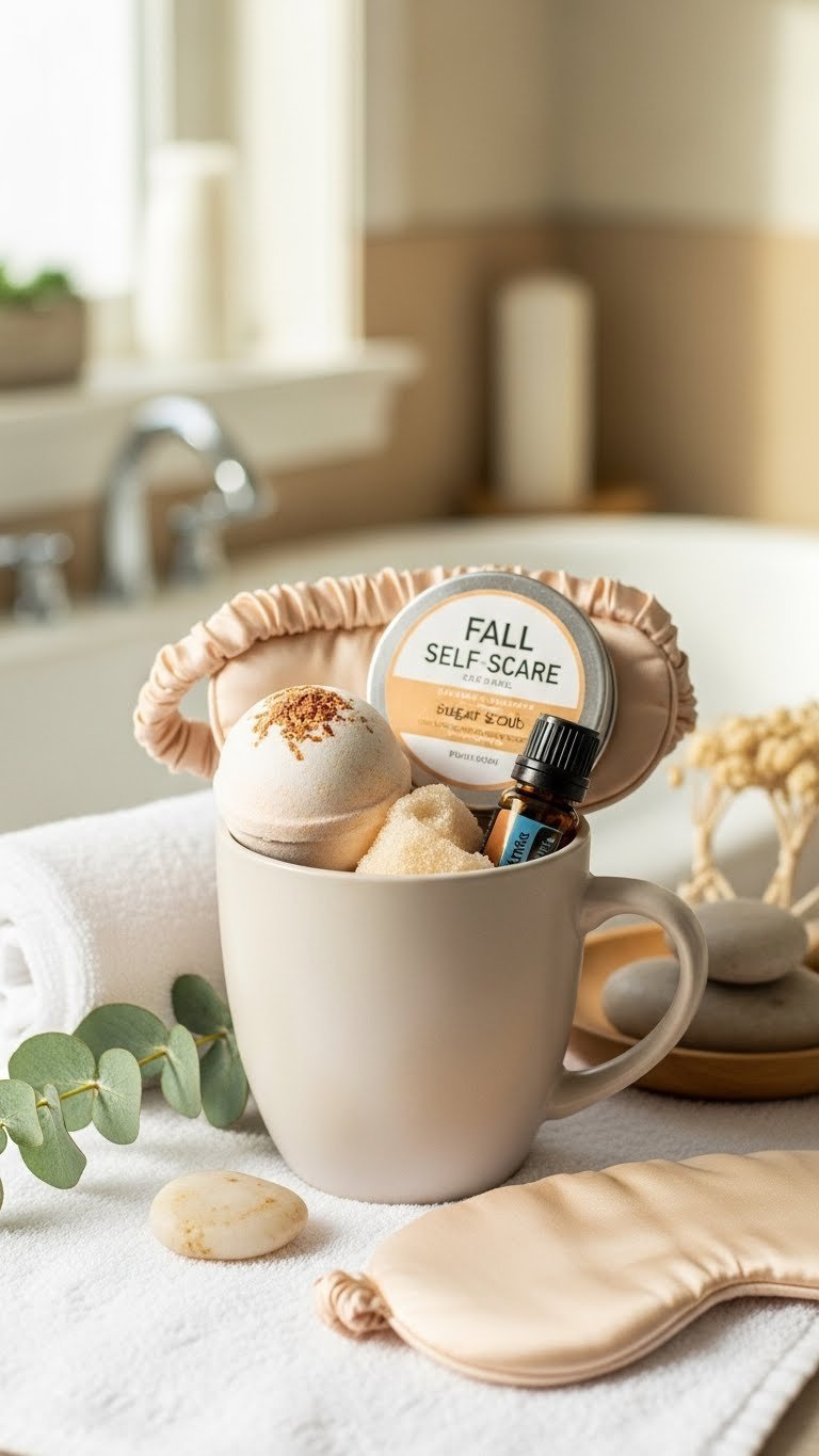 Spa-like neutral mug filled with fall-scented bath bomb, sugar scrub, essential oil, and silk eye mask on plush white towel.