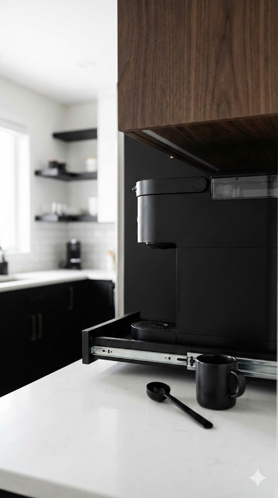Space-saving black under-cabinet coffee slide with compact coffee maker on slide-out tray in small kitchen