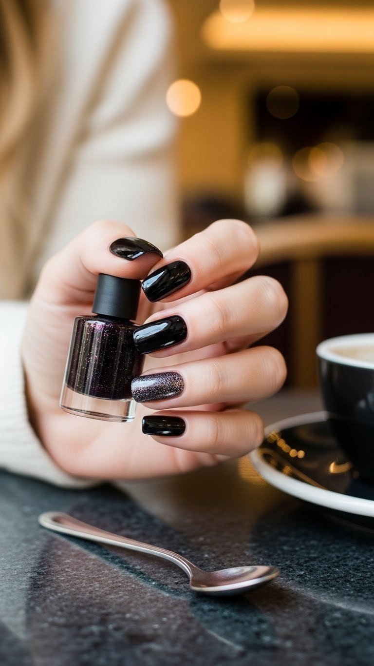 Sparkle coffee nails with shimmering glitter particles on dark polished stone surface in luxurious café interior