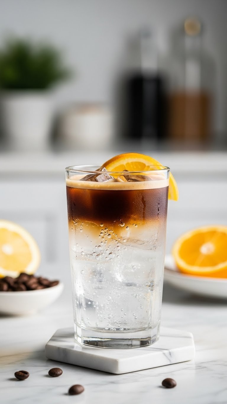 Sparkling espresso tonic in tall glass with tonic water base and dark espresso shot on marble coaster