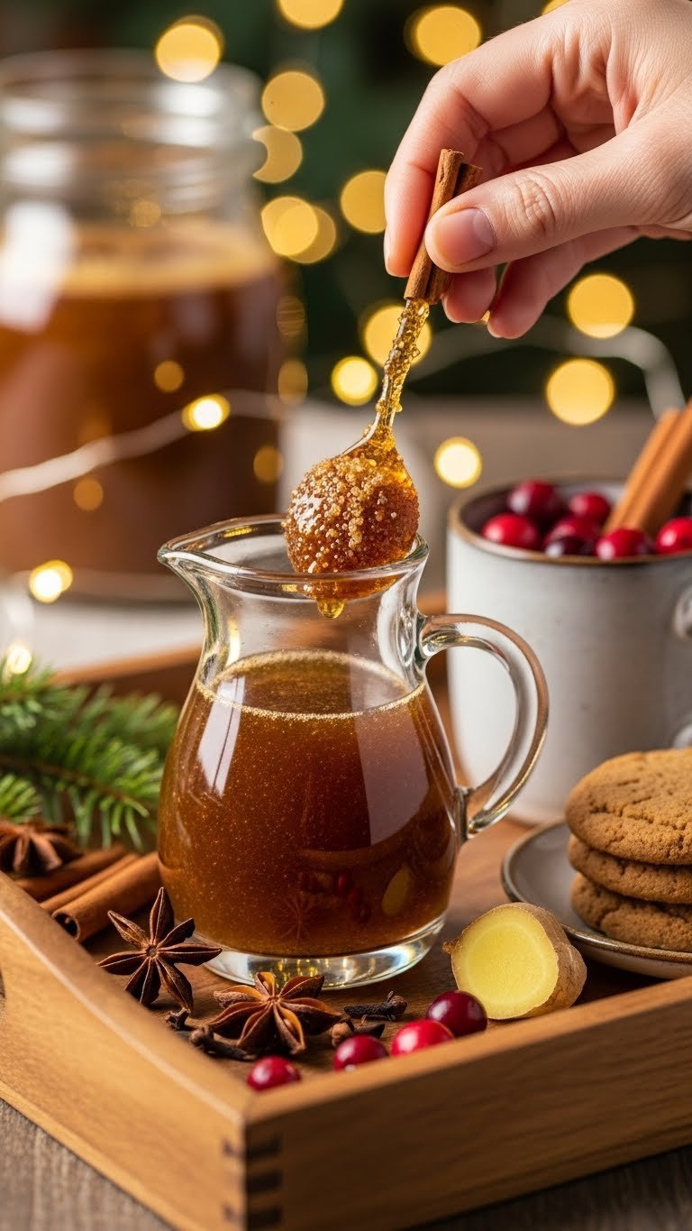 Spiced brown sugar coffee syrup in glass cruet with cloves, star anise, and ginger on festive tray
