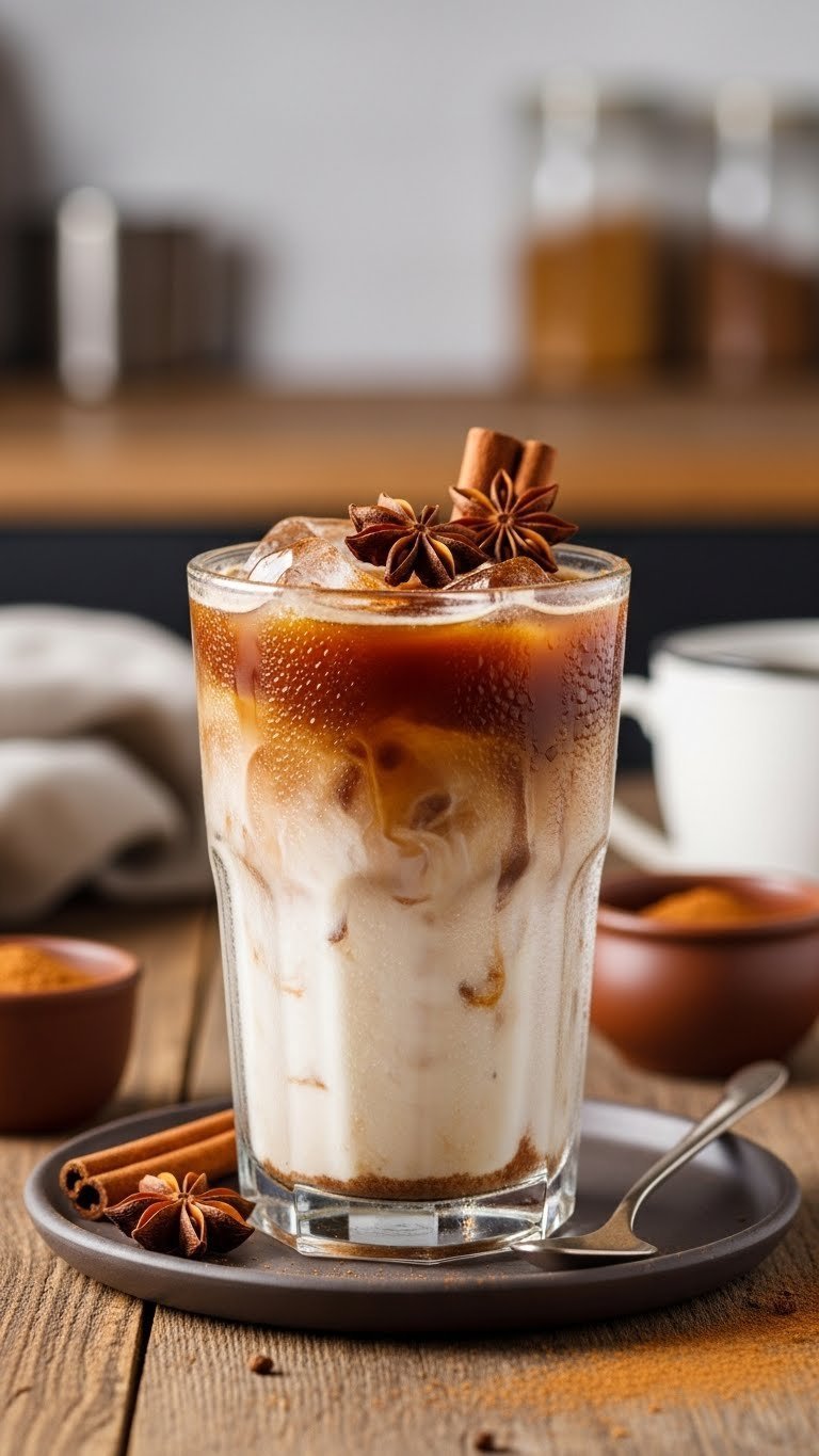 Spiced chai iced coffee layered with star anise and cinnamon sticks on rustic wooden kitchen table
