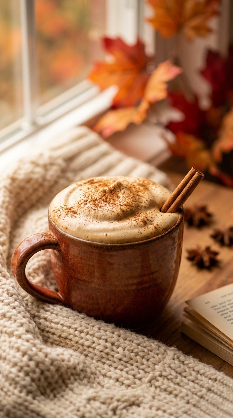 Whipped Coffee Protein Shake Easy High Protein Recipe Guide 13 Spiced chai latte whipped coffee in rustic oversized mug with cinnamon dusting and cinnamon stick on knit blanket
